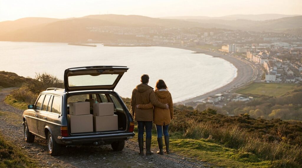 Couple looking out over a coastal city and bay after moving