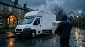 Mover carrying a wrapped box to a van outside a stone cottage on a wet winter evening