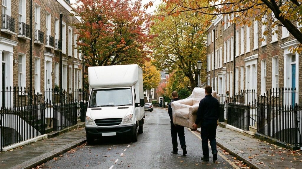 Movers carrying an armchair up a steep street of period houses