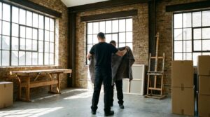 Movers wrapping artwork in a warehouse conversion with exposed brick
