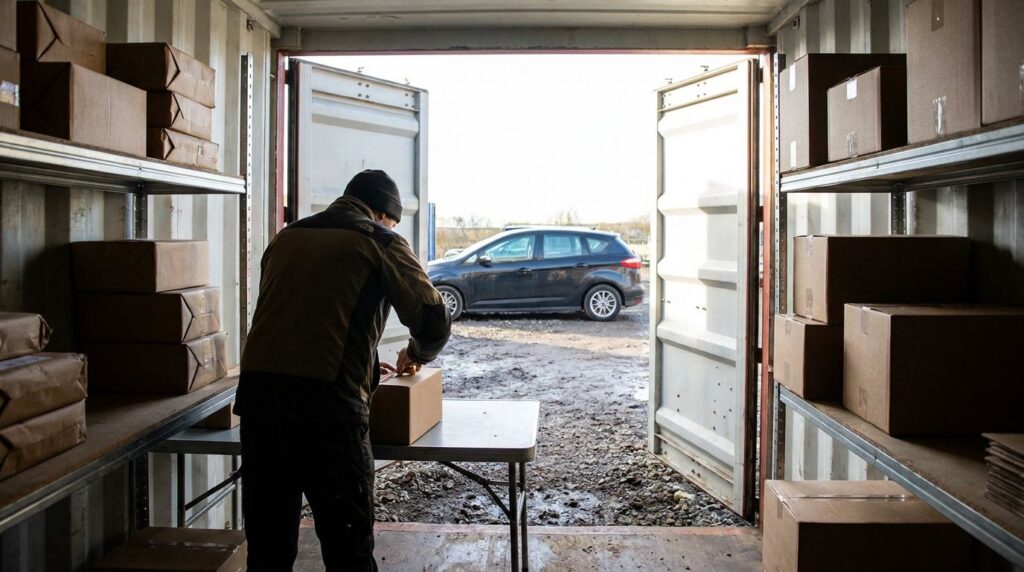 Online seller packing orders from a container of stock