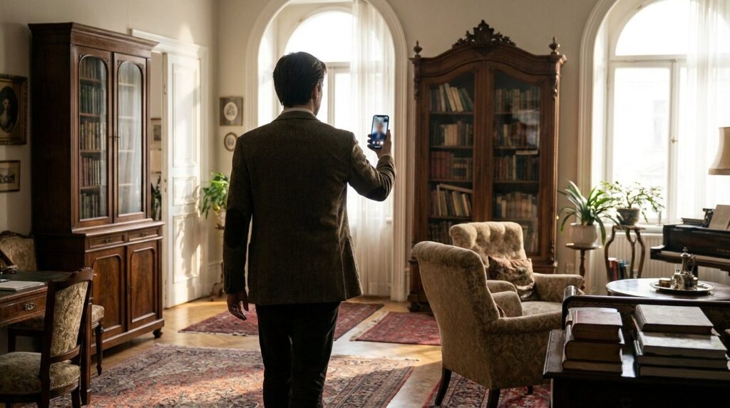 Person filming their living room on a phone for a video survey