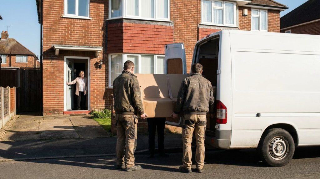 Two men delivering a boxed sofa to a semi-detached house